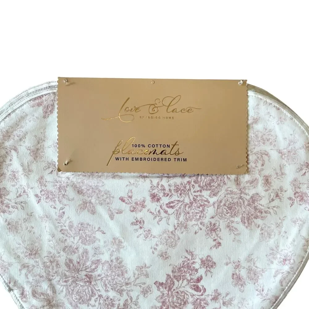 Love & Lace Heart Shaped Valentine Placemats 4pc 15in Cotton Pink Floral NEW